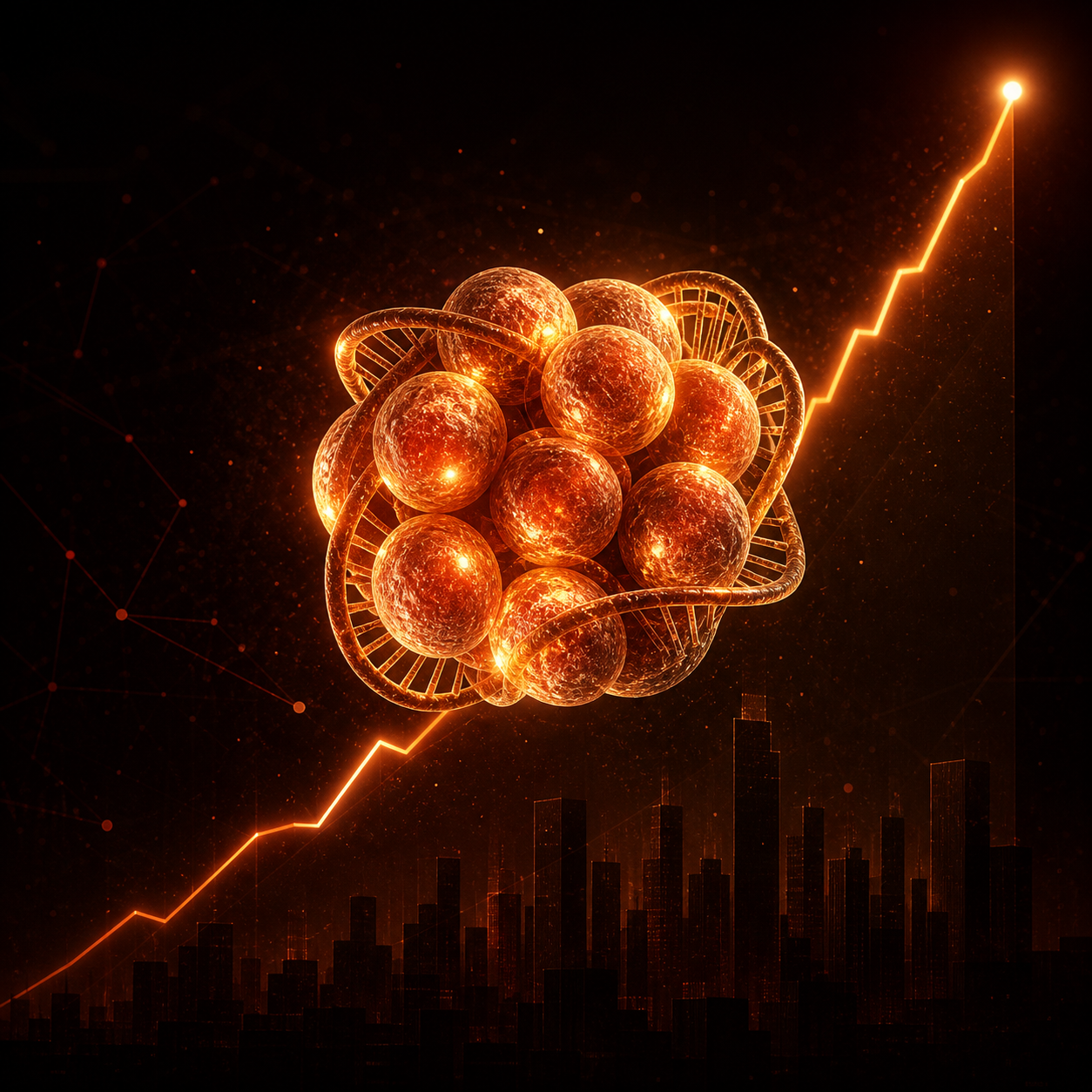 VolitionRx Nu.Q platform — glowing nucleosome cluster with ascending revenue trajectory and city skyline backdrop.